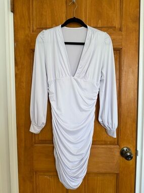White Ruched V-Neck Bodycon Dress